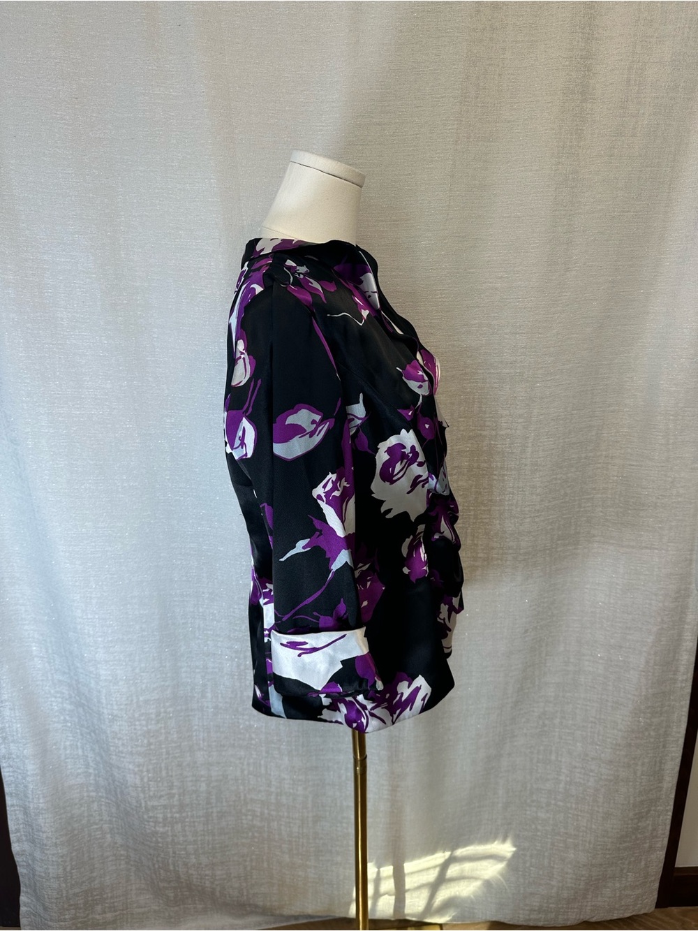 Alex Evenings Floral Satin Faux-Wrap Blouse Jacket Portrait Collar Purple Black - Picture 2 of 15